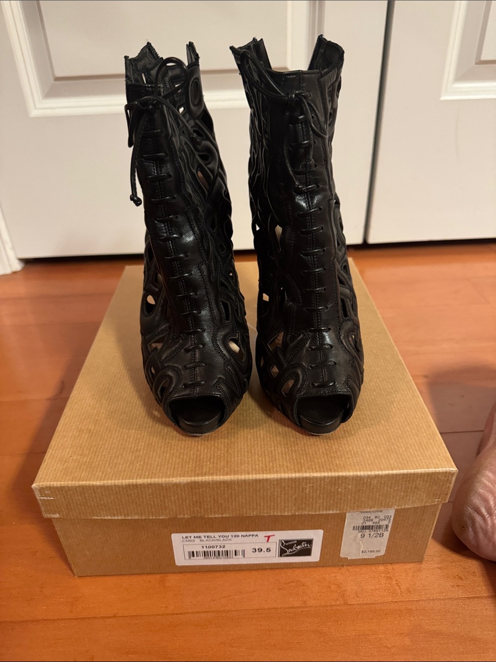 Christian Louboutin Black Cutout Lace-Up Peep-Toe Ankle Boots